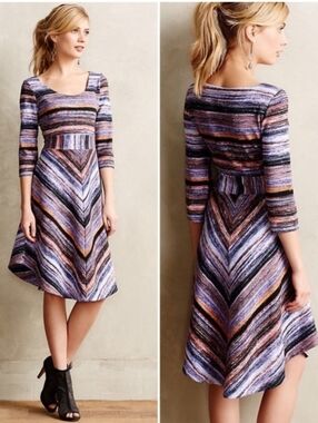 Maeve Anthropologie Kebren Stripe Knit Dress 3/4 Sleeve Asymmetrical S